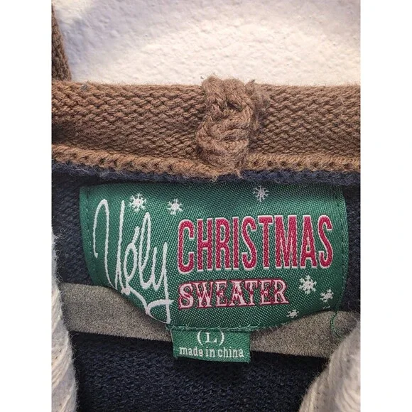 Ugly Christmas Sweater Deer Hooded Antler Mens Large Black Long Sleeve - Picture 6 of 9